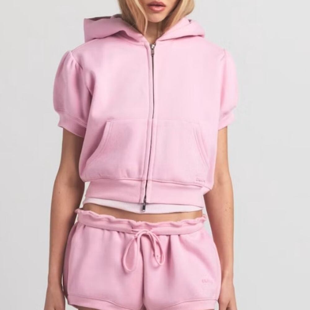 SKIMS The Bubble Pink Short Sleeve Cropped Zip Up Jacket Size Small